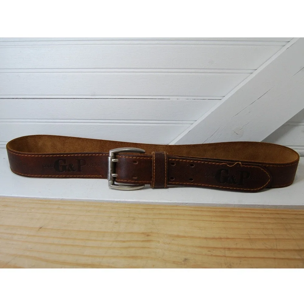 Brown leather‎ belt size 40 Gold & Parko logo embossed accessory double prong